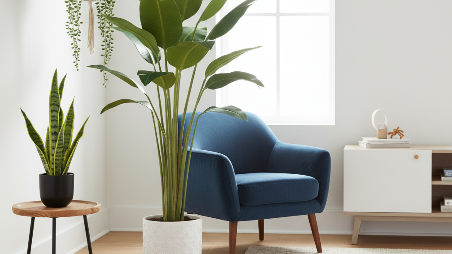 Modern living room with blue armchair, indoor plants, wooden side table, and white cabinet
