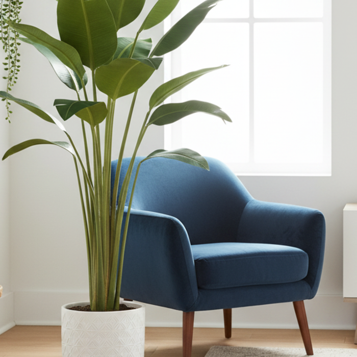 Modern living room with blue armchair, indoor plants, wooden side table, and white cabinet