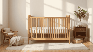 Modern nursery with wooden baby crib, cozy armchair, nightstand, and indoor plant