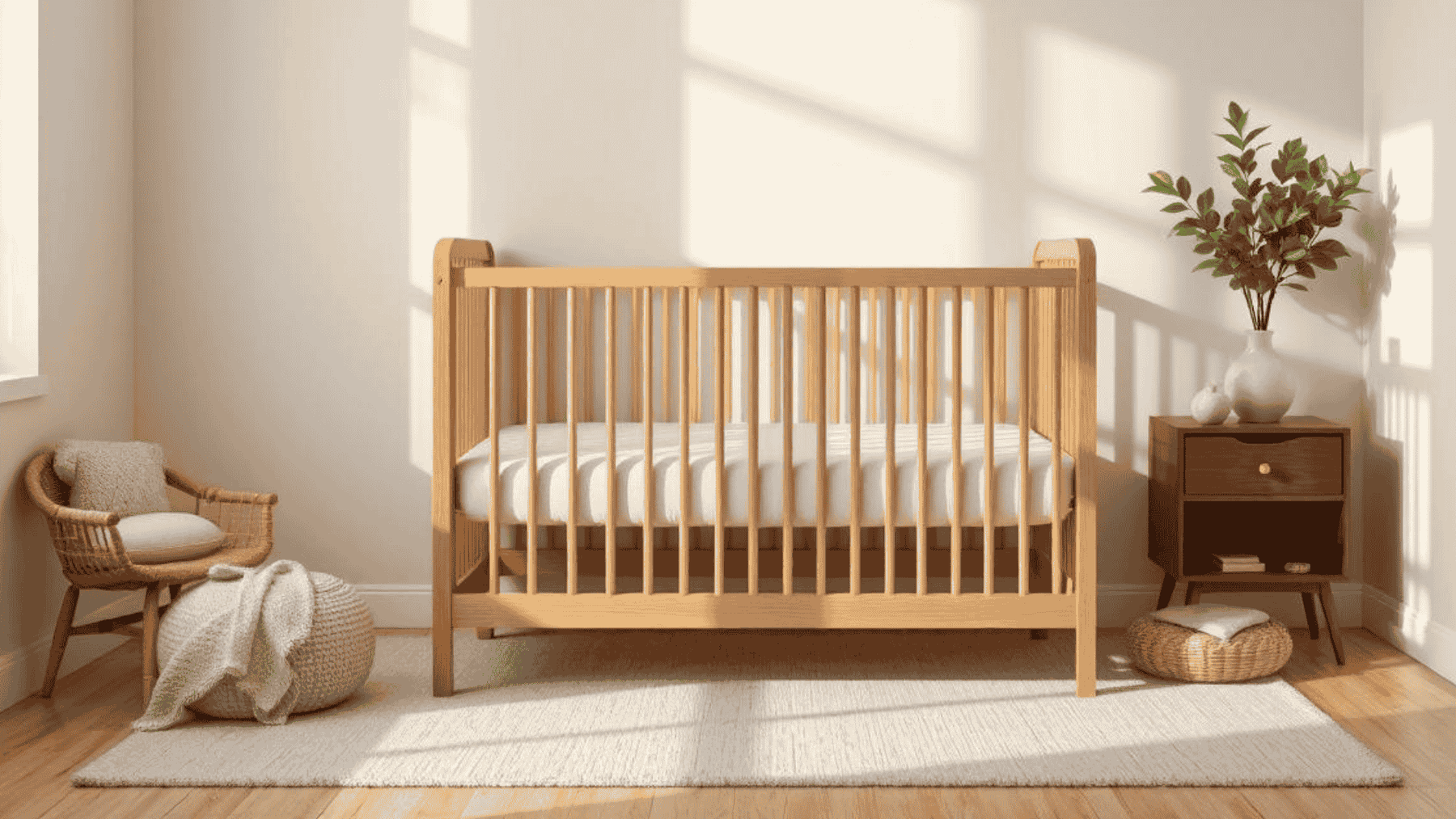 Modern nursery with wooden baby crib, cozy armchair, nightstand, and indoor plant