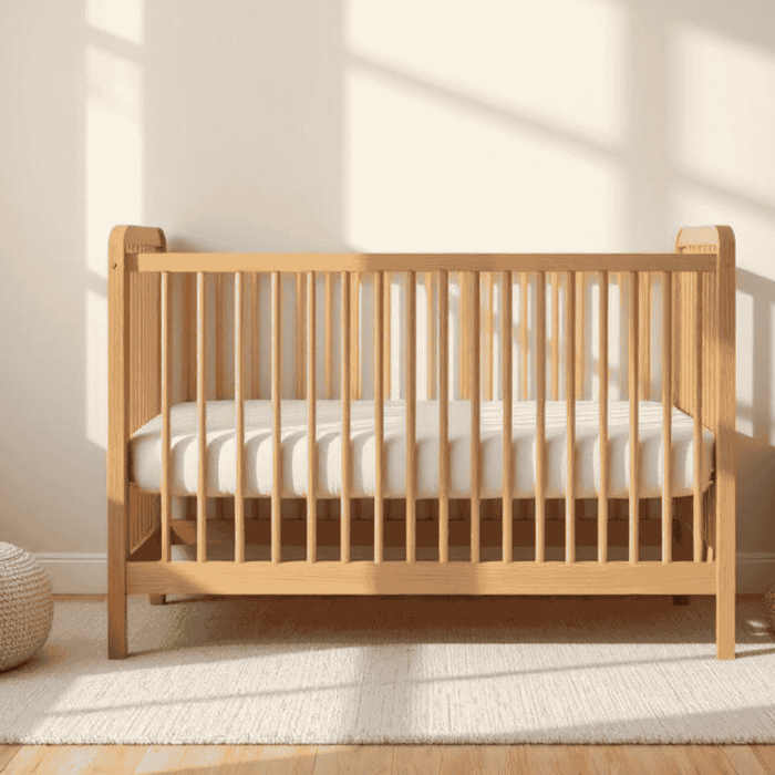 Modern nursery with wooden baby crib, cozy armchair, nightstand, and indoor plant