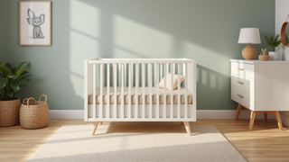Modern nursery with white crib, green wall, dresser, and cozy decor