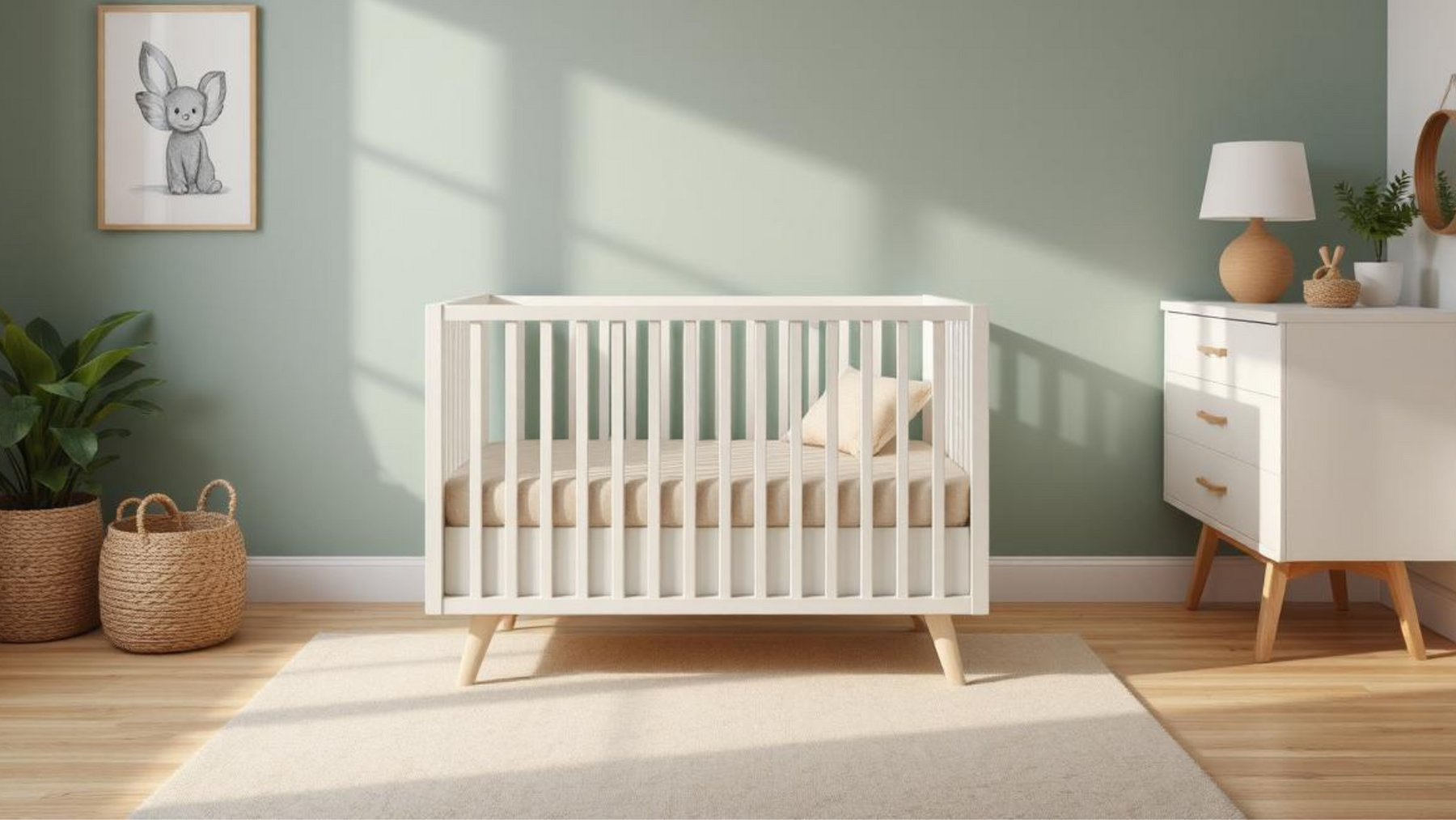 Modern nursery with white crib, green wall, dresser, and cozy decor