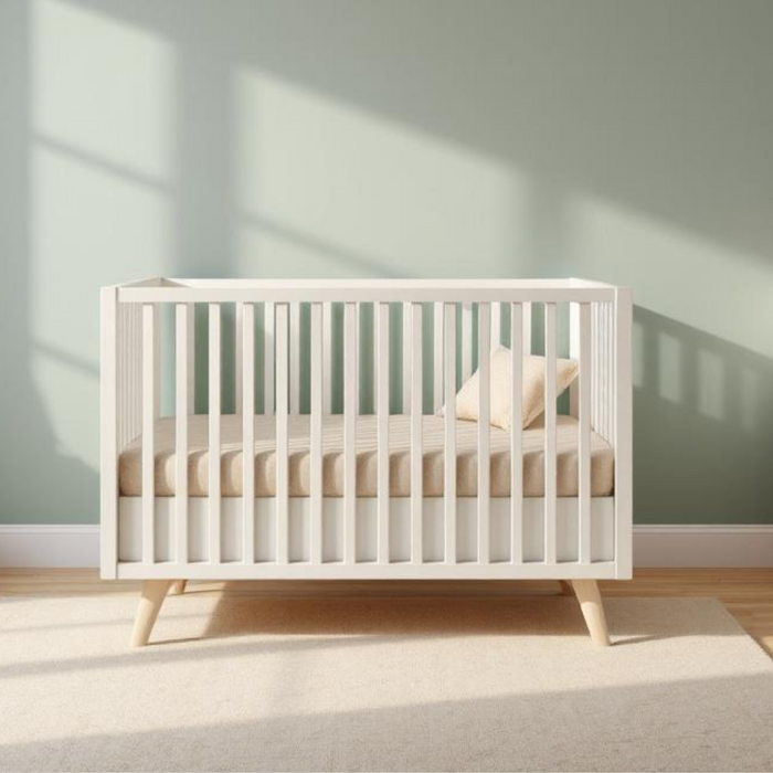 Modern nursery with white crib, green wall, dresser, and cozy decor