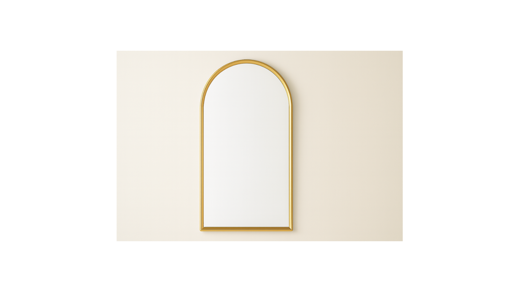 Modern arched wall mirror with gold frame on a beige background, home decor