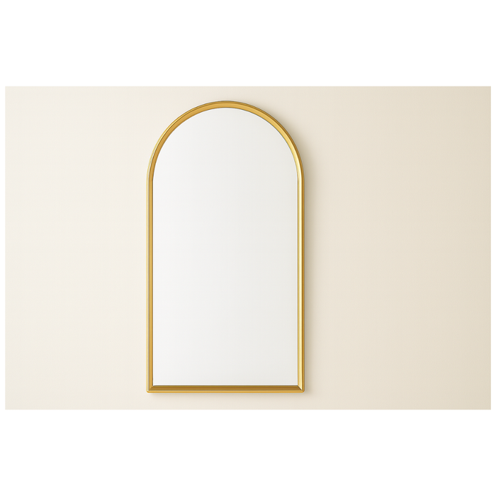 Modern arched wall mirror with gold frame on a beige background, home decor