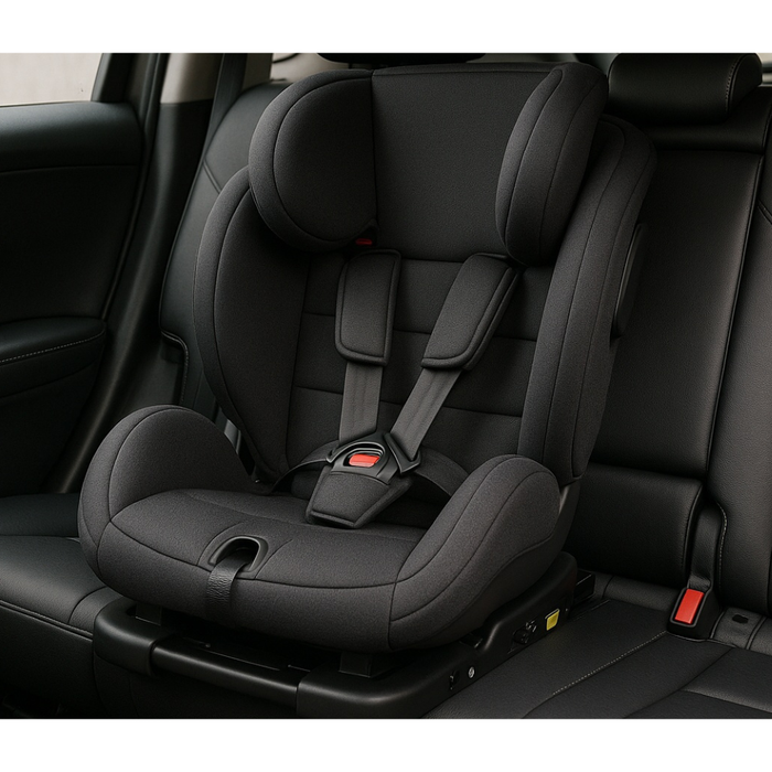Black child car seat installed in a vehicle back seat, featuring safety harness and padding