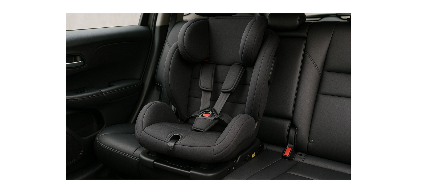 Black child car seat installed in a vehicle back seat, featuring safety harness and padding