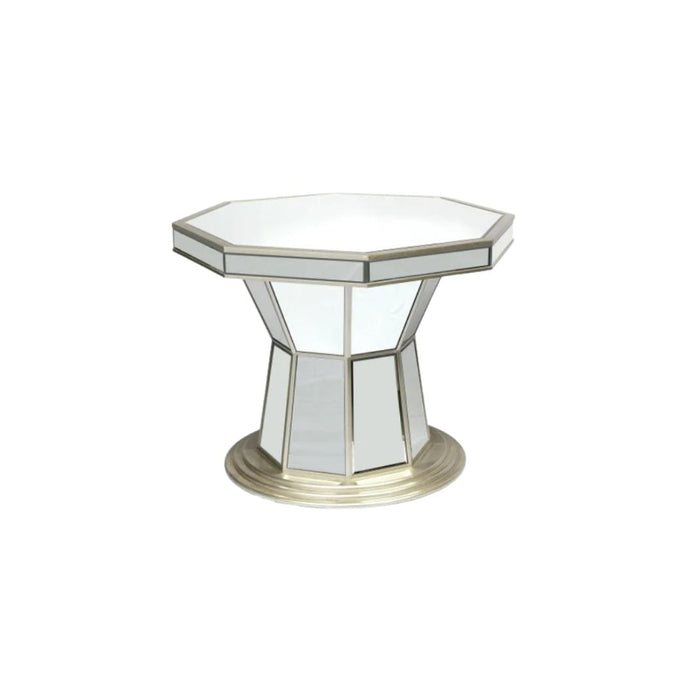 Modern octagonal mirrored accent table with geometric base on white background