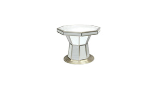 Modern octagonal mirrored accent table with geometric base on white background