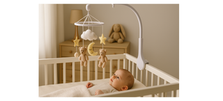 Baby in crib looking at plush mobile with bears, stars, moon and cloud in a cozy nursery