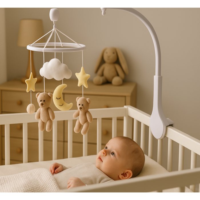 Baby in crib looking at plush mobile with bears, stars, moon and cloud in a cozy nursery