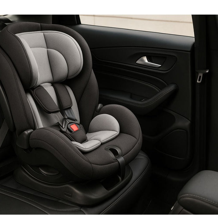 Black and grey child car seat installed in rear seat of vehicle