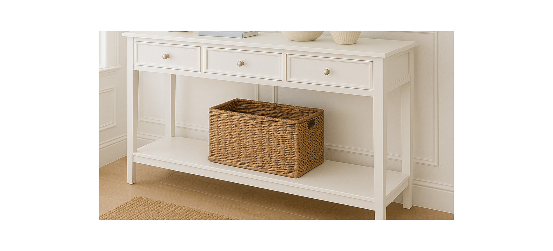 White wooden console table with three drawers and a wicker storage basket on the lower shelf