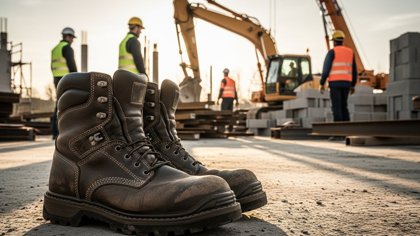 Durable leather work boots on construction site with workers and machinery in background