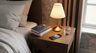 Bedside table with lamp, books, eyeglasses, smartphone, and glass of water in cozy bedroom