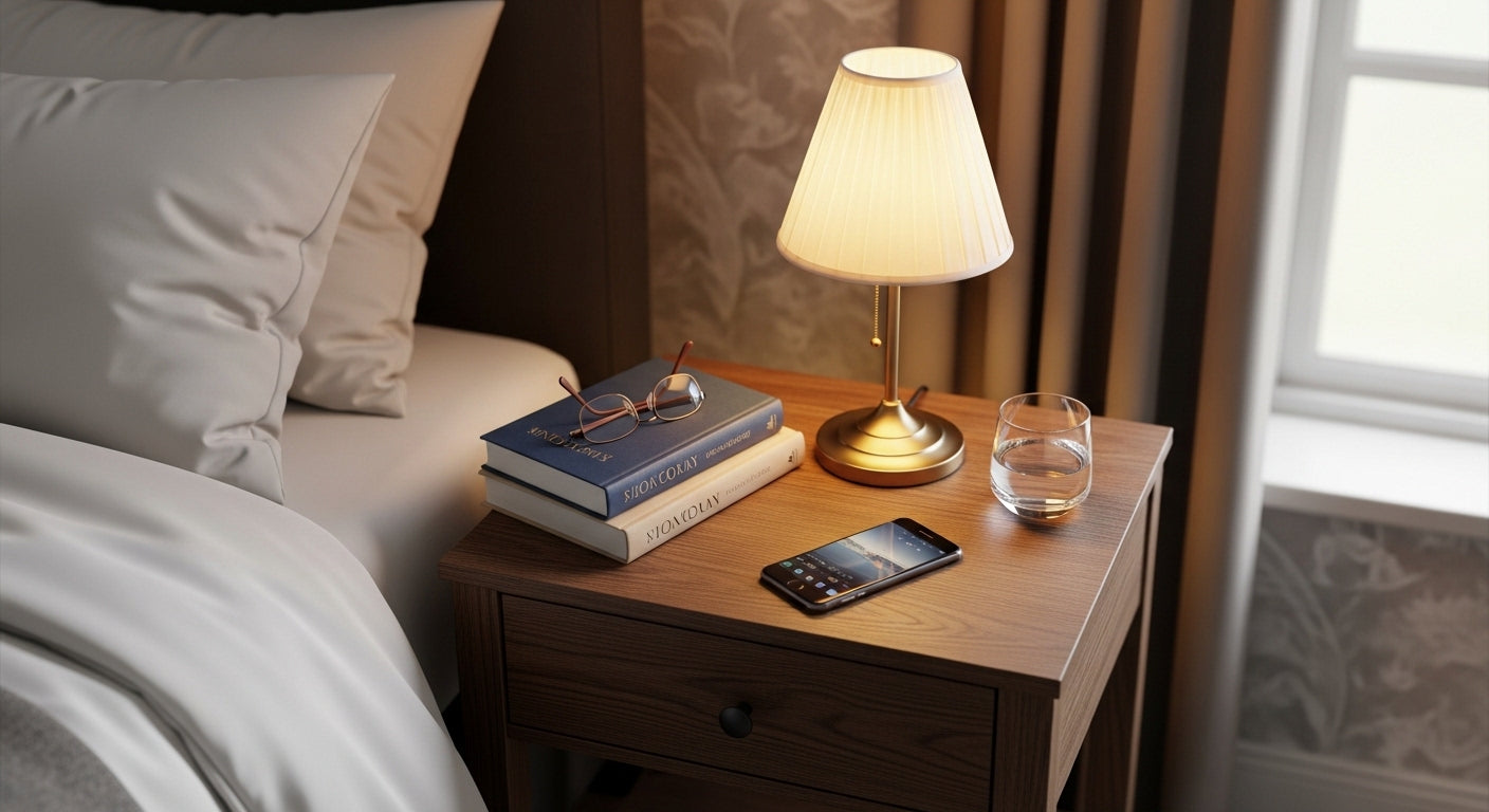 Bedside table with lamp, books, eyeglasses, smartphone, and glass of water in cozy bedroom