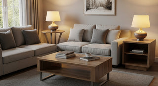 Modern living room with grey sofas, wooden coffee table, table lamps, and neutral decor