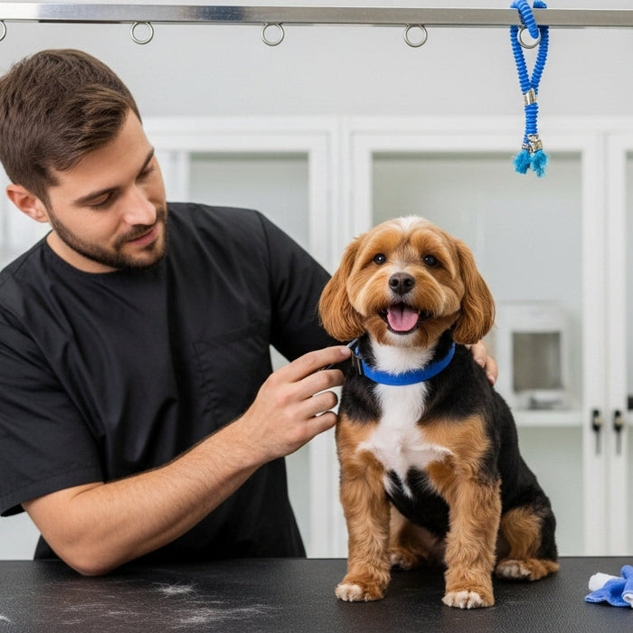 Professional-grade pet grooming clippers and nail grinder for dogs and cats, styled for a low-stress session in a modern Southbank apartment."