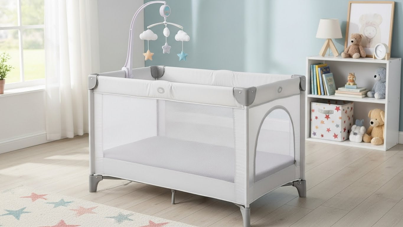 Modern white baby crib with mesh sides and hanging mobile in a bright nursery room