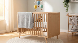Modern wooden baby crib with grey blanket, teddy bear, hot air balloon mobile in cozy nursery