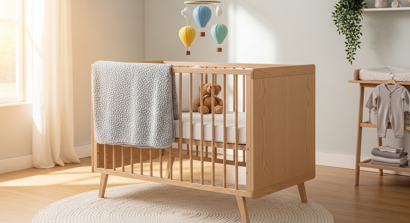 Modern wooden baby crib with grey blanket, teddy bear, hot air balloon mobile in cozy nursery