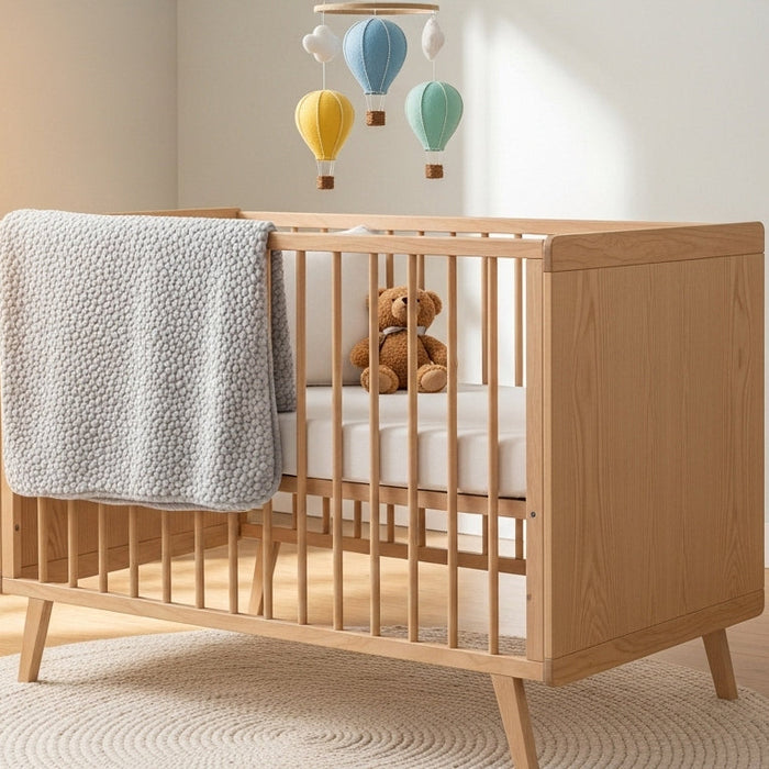 Modern wooden baby crib with grey blanket, teddy bear, hot air balloon mobile in cozy nursery