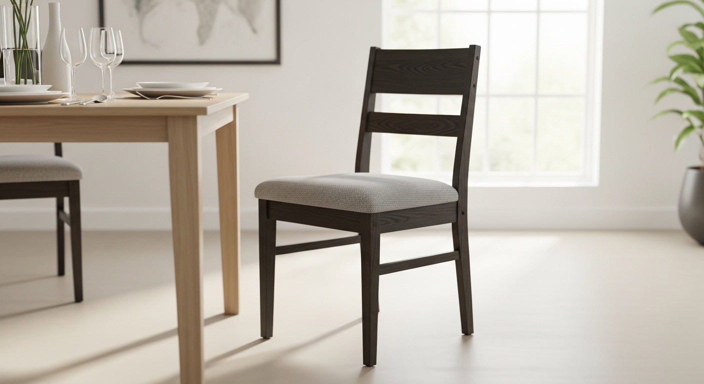 Tapered-leg dining chairs in a compact Pyrmont apartment, demonstrating the visual floor rule for 2026 small-space living