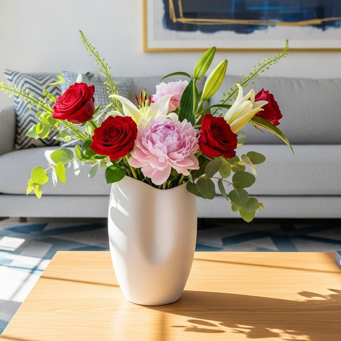 Modern living room with a white vase of red roses, lilies, and peonies on a wooden coffee table