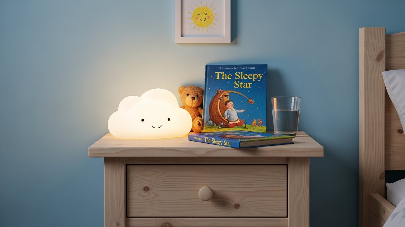Cloud night light, children's book, teddy bear, and glass of water on kids' nightstand