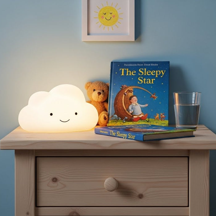 Cloud night light, children's book, teddy bear, and glass of water on kids' nightstand