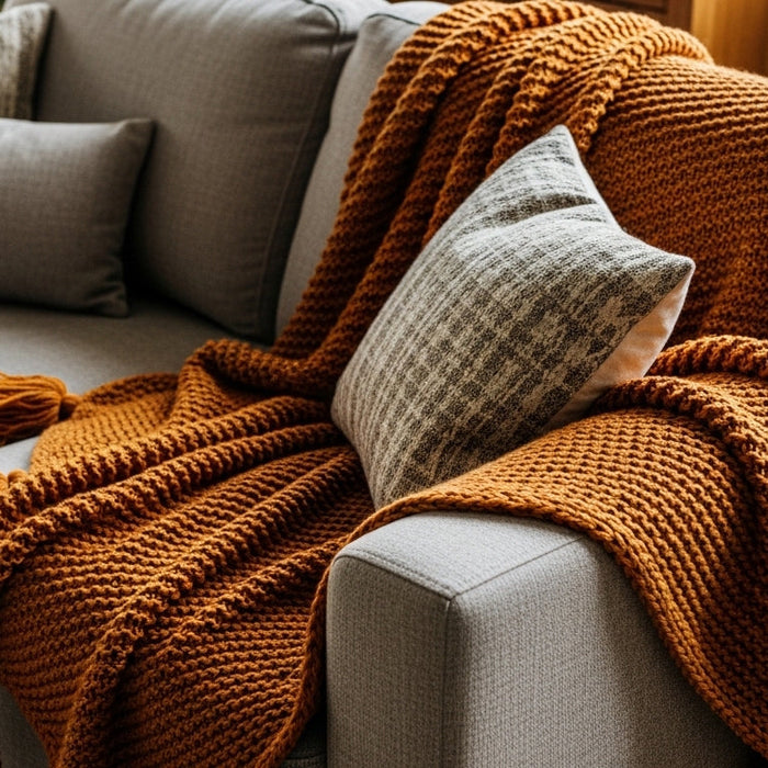 Cozy orange knit throw blanket with tassels on a modern grey sofa with accent cushions