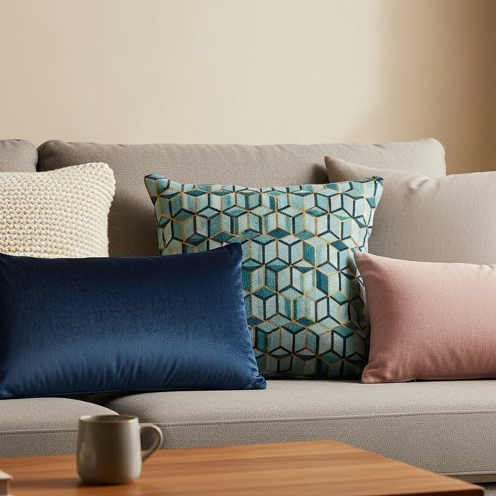 Modern living room sofa with decorative throw pillows in various colors and textures