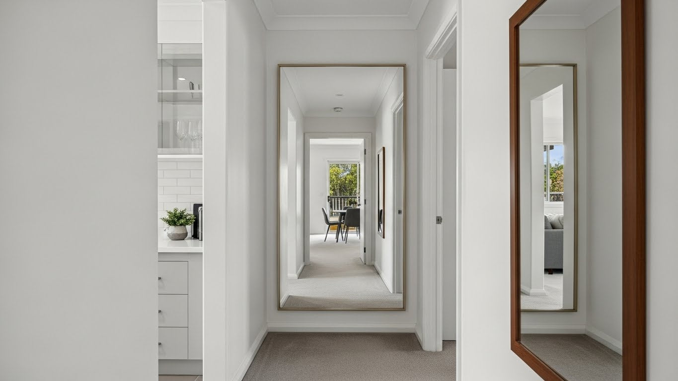 Modern hallway with large wall mirrors, neutral decor, and a glimpse of a dining area
