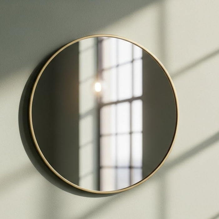 Modern round wall mirror with gold frame reflecting window light on pale wall