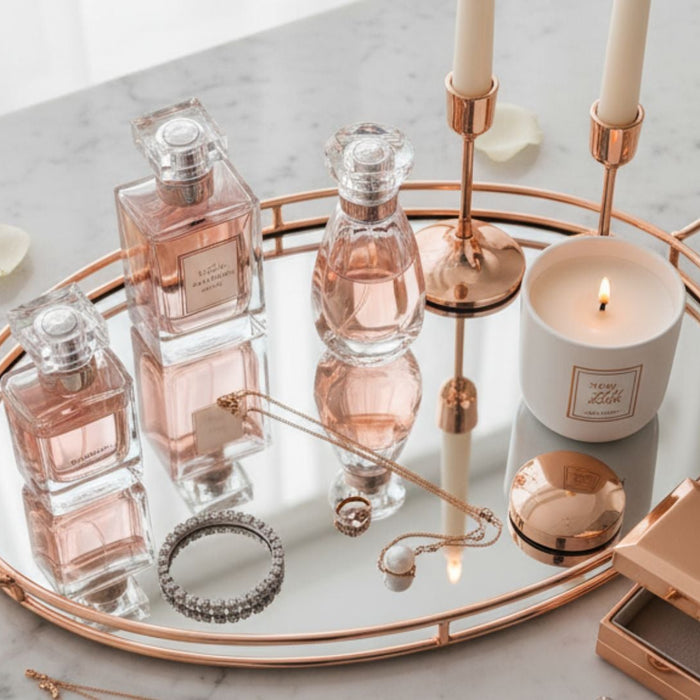 Rose gold vanity tray with perfume bottles, candle, jewelry, and petals on marble table
