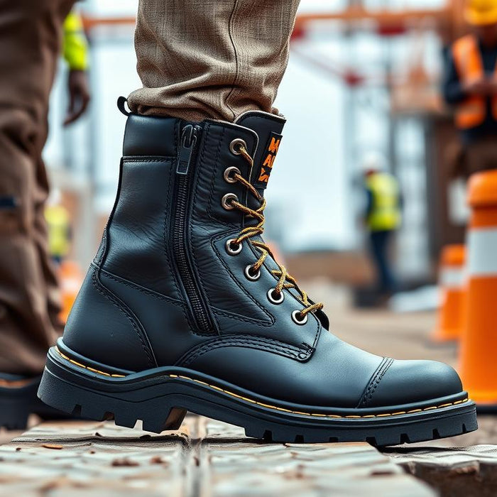 Hard Yakka 3056 lace zip safety boots displayed on Australian worksite with workers in background