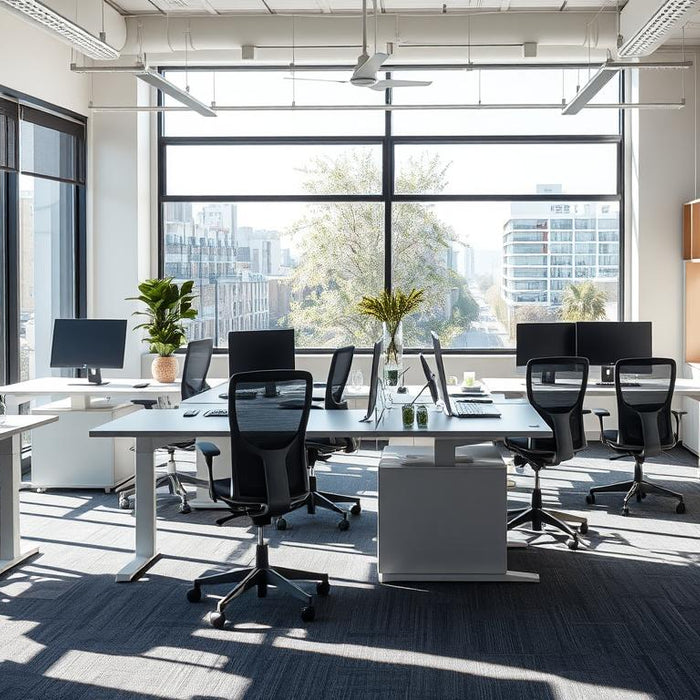 Modern Australian office featuring a complete furniture set with ergonomic chairs, adjustable desks, and storage solutions
