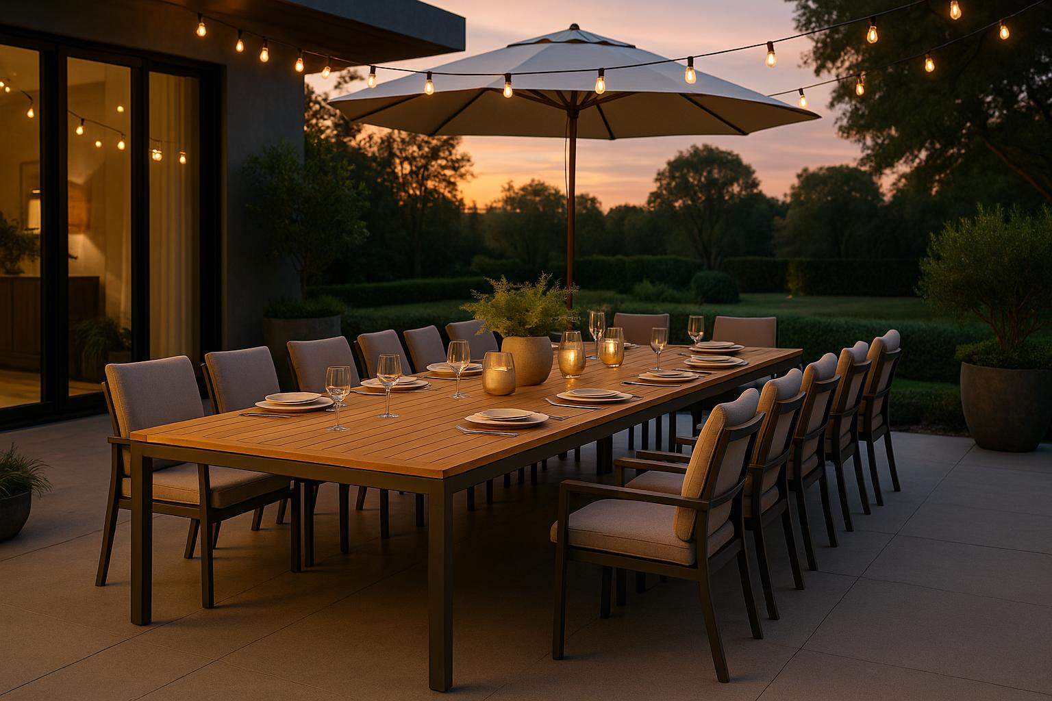 Extendable outdoor dining set with cushioned chairs, large wooden table, umbrella, and string lights on patio at sunset.
