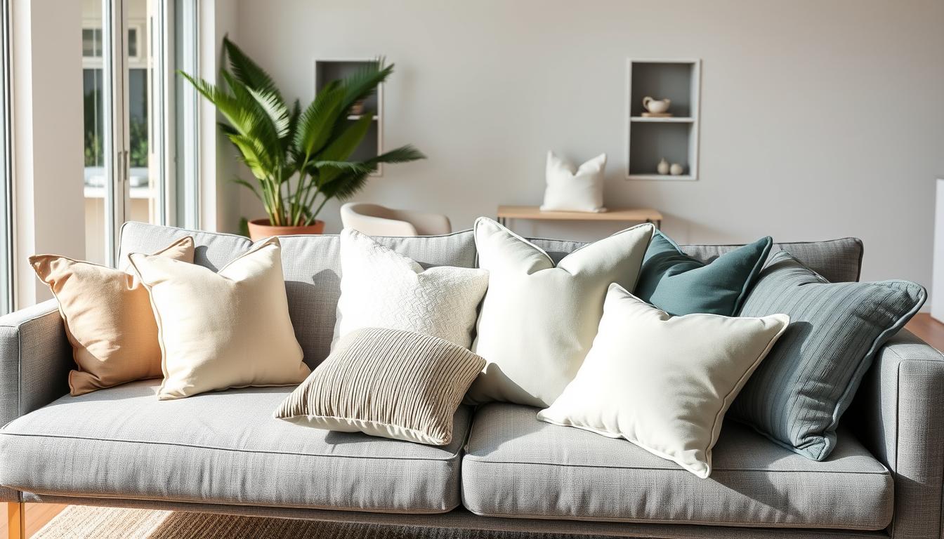 Textured linen and boucle cushions styled on a neutral sofa in a sun-lit Sydney living room, showcasing 2026 Australian interior grounding trends