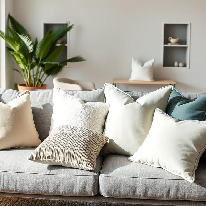 Textured linen and boucle cushions styled on a neutral sofa in a sun-lit Sydney living room, showcasing 2026 Australian interior grounding trends