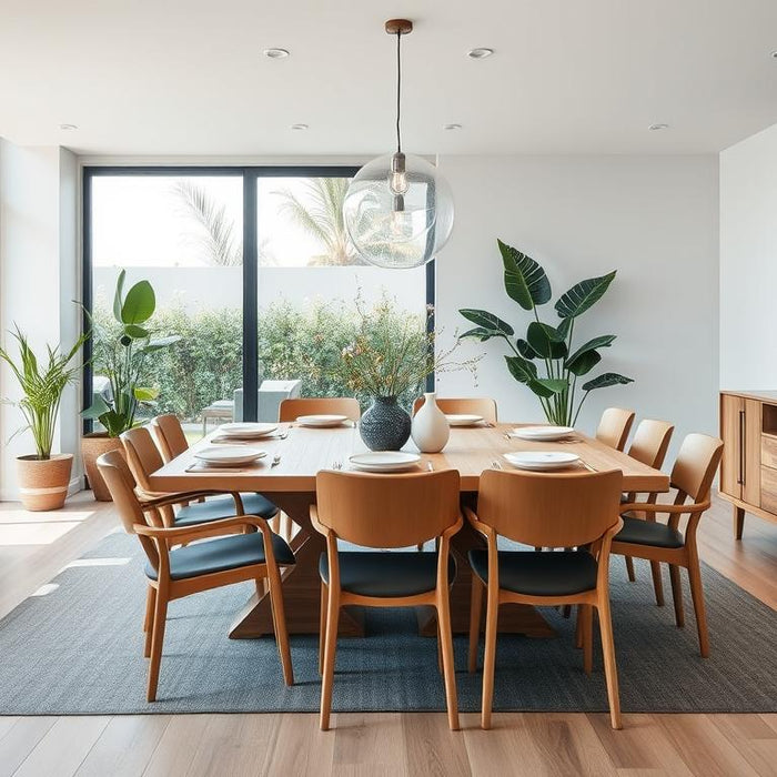 Modern Australian dining room featuring a complete furniture set with dining table, chairs, and sideboard in natural timber finish