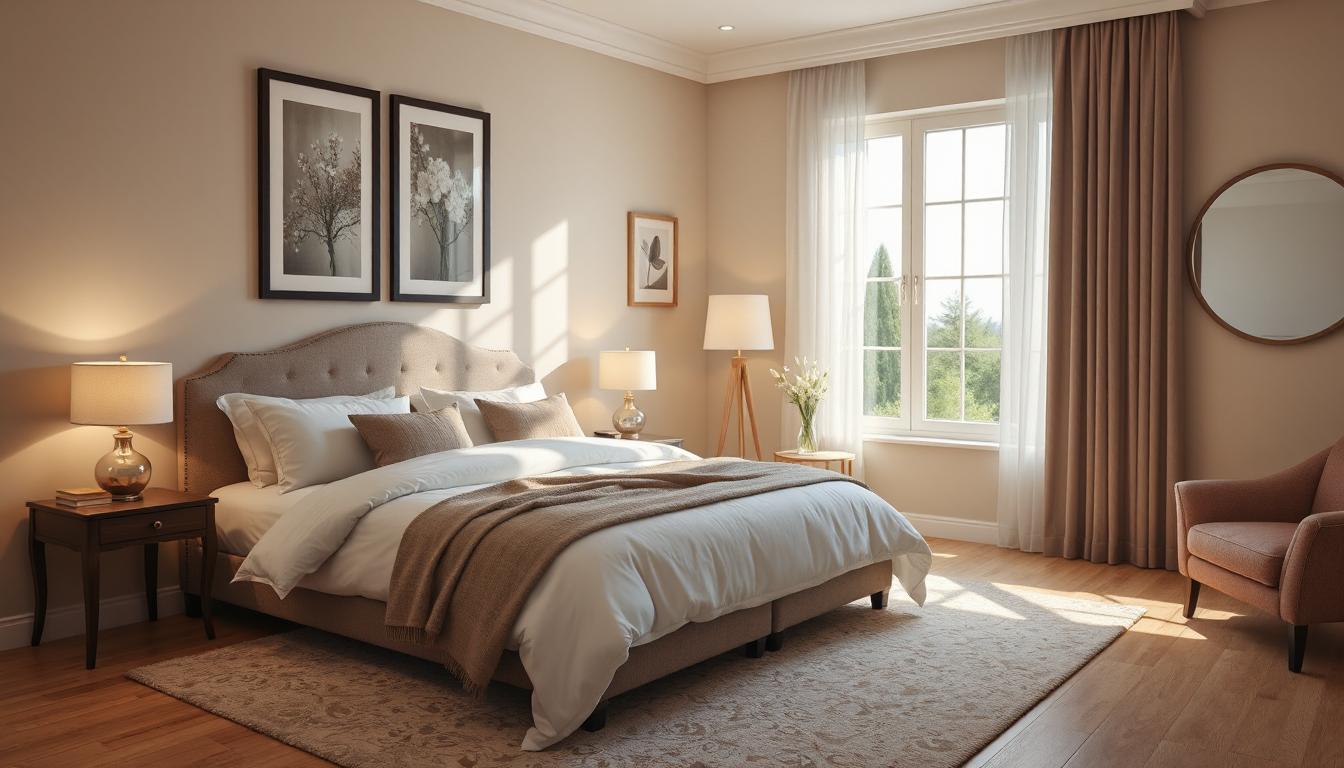 Cozy modern bedroom with beige decor, upholstered bed, bedside lamps, and large window with curtains.