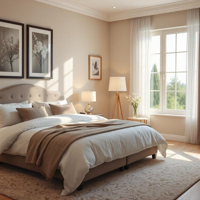 Cozy modern bedroom with beige decor, upholstered bed, bedside lamps, and large window with curtains.