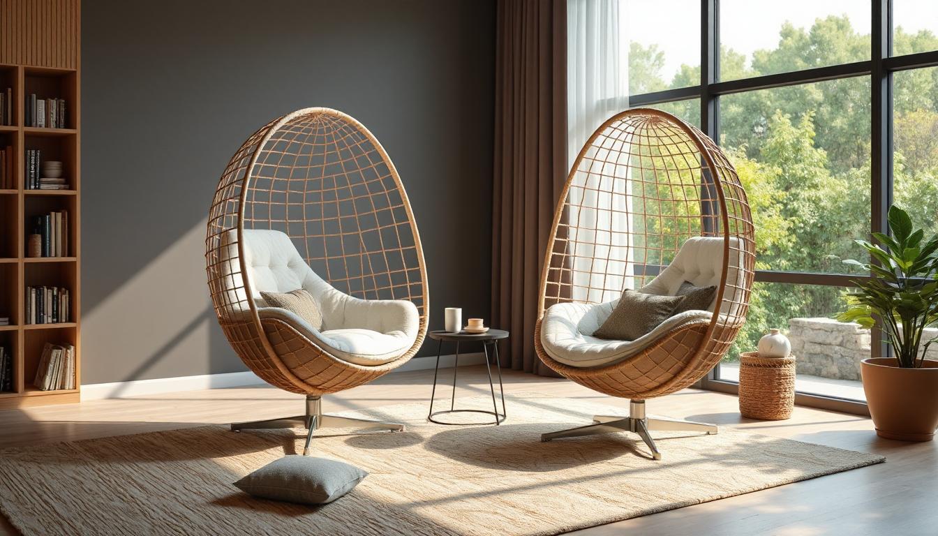 Modern living room with two rattan egg chairs, large windows, and cozy cushions