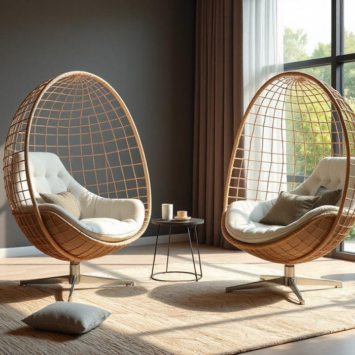 Modern living room with two rattan egg chairs, large windows, and cozy cushions