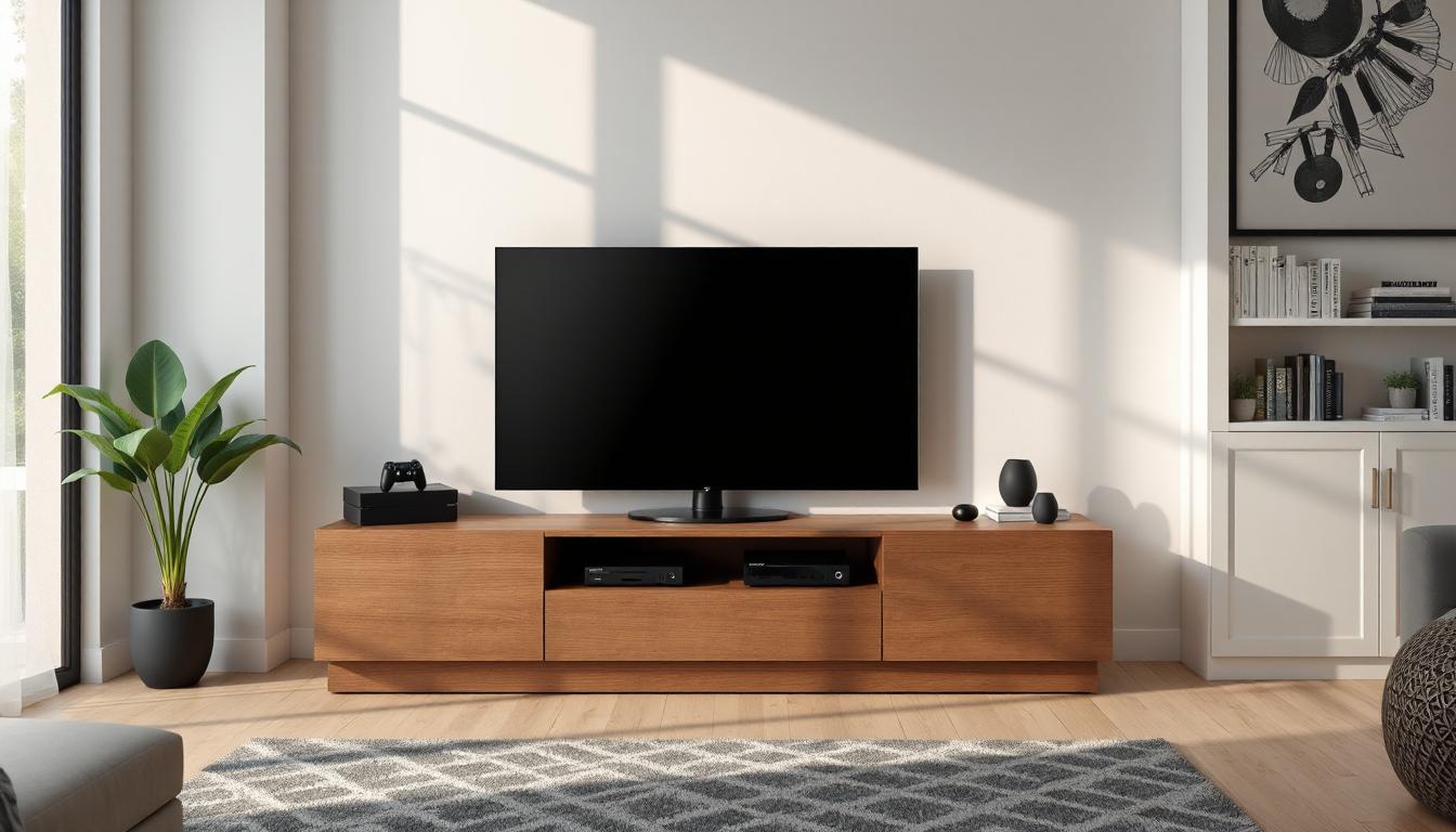 A guide on entertainment units showing storage options, organisation tips, room sizing, materials, and maintenance advice. Includes FAQs and links to the collection page.