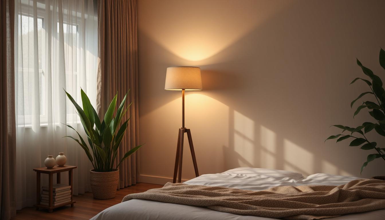Modern floor lamp in an Australian living room with warm ambient lighting.