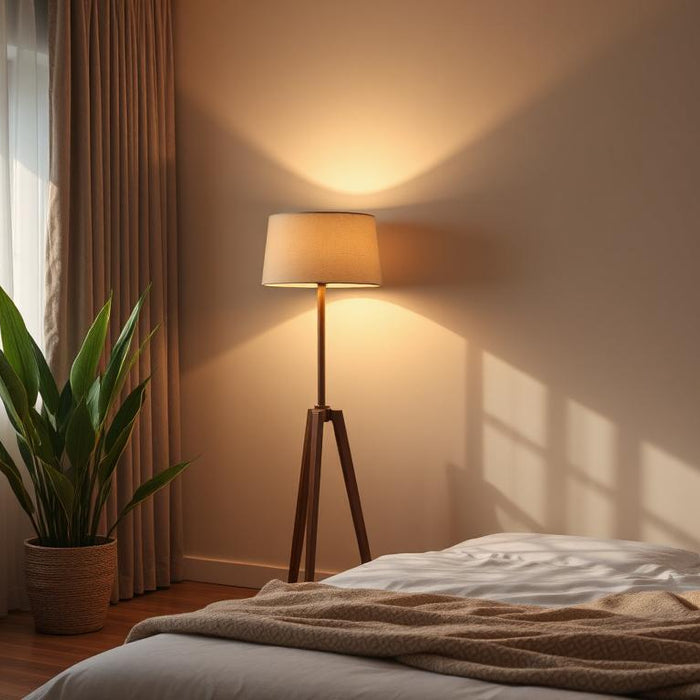 Modern floor lamp in an Australian living room with warm ambient lighting.