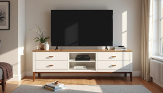 Modern living room with flat screen TV on wooden TV stand, indoor plant, and natural light